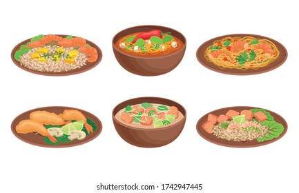 Various Dishes and Main Courses Plating with Seafood and Greenery Garnishing Vector Set