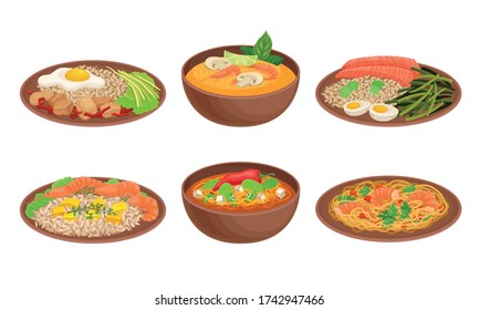 Various Dishes and Main Courses Plating with Greenery Garnishing Vector Set