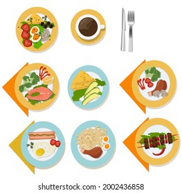 Various dishes, top view.  A hearty lunch and dinner with salmon, broccoli, green salad, tomatoes,  mushrooms, pasta, fried egg, cheese and coffee. Served on a white plate. Vector illustration.