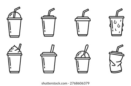 Various disposable cups with straws, lids, and different designs, including a crumpled cup icon.