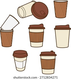 Se muestran varias tazas de café de papel desechables con tapas marrones y mangas acanaladas desde diferentes ángulos
