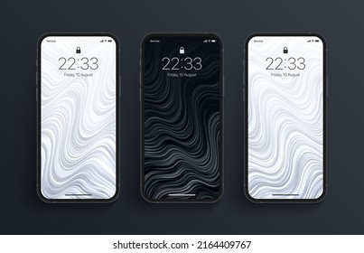 Distorsionados Rayas Suaves Vector De Tiras Blancas Blancas Negras Liquid Wallpapers Instalado En La Interfaz De Pantalla Táctil De Teléfono Inteligente Fotorrealista. Colección de salvapantallas abstractas verticales para smartphone portátil