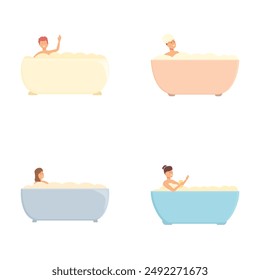 Various diverse characters happily enjoying bathtime in a modern bathroom  cute illustrations of adults soaking in a bathtub with bubbles, promoting selfcare, relaxation, and wellbeing