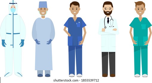 various doctors, surgeons, nurses, male medical personnel in the fight against covid-19.