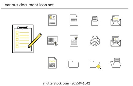 Conjunto de iconos de varios documentos, color amarillo y negro,ilustración vectorial