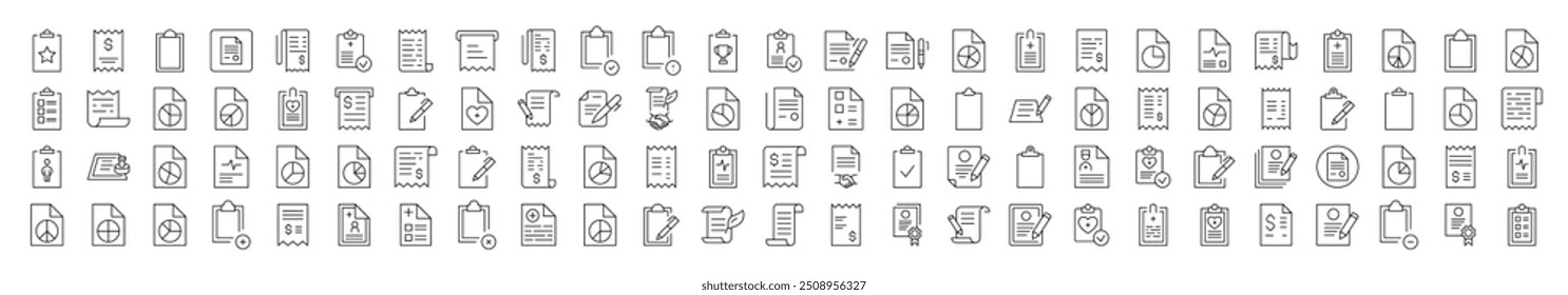 Varios documentos y Portapapeles Icon Set para UI, carteles, libros, App. Trazo Editable. Conveniente para los Sitios web, libros, tarjetas, App