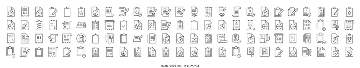 Various Documents and Clipboards Simple Isolated Line Icons Collection. Editable Stroke. Suitable for Web Sites, Books, Cards, Apps