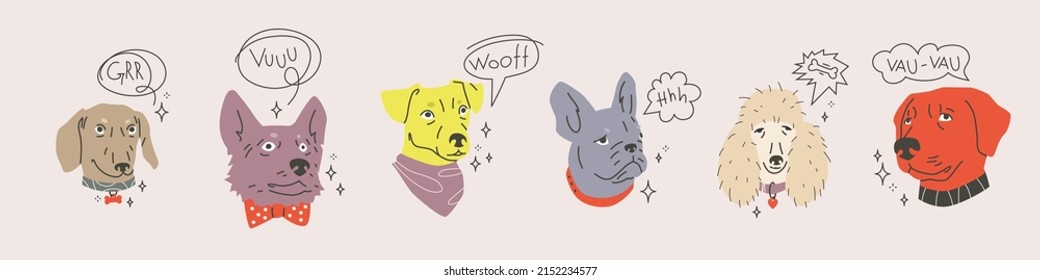 Various dog breed heads set with speech bubbles. Cartoon flat vector illustrations isolated on grey background.