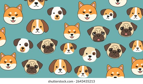 Various Dog Breeds Adorable Faces Illustration Puppy Pattern Animals Background Colorful Style Art