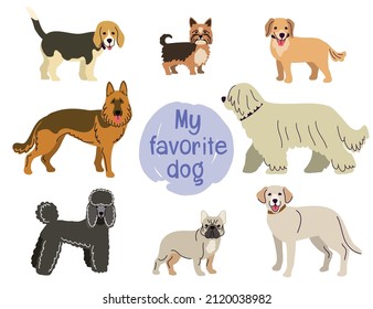 Various Dog Breeds Cartoon Color Illustration On White Background