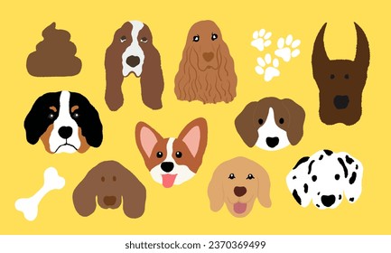 Varias razas de perros dibujando en crayon como Doberman, Corgi, Golden Retriever, Dachshund, Cocker Spaniel, Basset, Beagle, Dalmatian, Mountain Bernese para el logotipo de mascotas, icono de cachorro, pegatina, huella animal