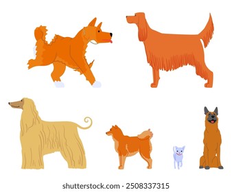 Varias Razas De Perros, Cada Una En Diferentes Poses Aisladas Sobre Fondo Blanco. La Imagen De Vector De Dibujos Animados Muestra La Diversidad En Tamaño, Forma Y Pelaje De Los Perros, Destacando Las Características Únicas De Cada Raza