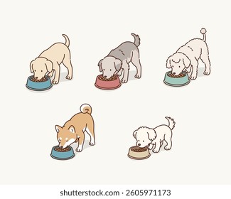 Various Dog Breeds Eating Dog Food. Hand drawn style vector design illustrations.