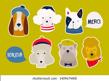 Various dog breeds. French dogs. Different cute funny characters. Hand drawn vector set. Pre-made stickers. Colored trendy illustration. Flat design. All elements are isolated