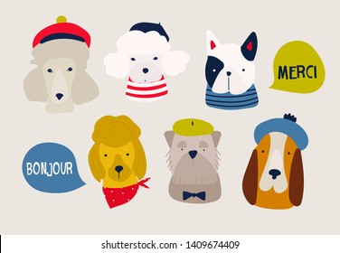 Various dog breeds. French dogs. Different cute funny characters. Hand drawn vector set. Colored trendy illustration. Flat design. All elements are isolated