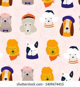 Various dog breeds. French dogs. Different cute funny characters. Hand drawn vector seamless pattern. Colored trendy illustration. Flat design. Pink background