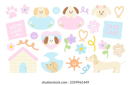 Various dog breeds, paw, flowers and cute summer elements in pastel colour for animal sticker, pet shop logo, tattoo, vet icon, social media post, poster, print, puppy cartoon character, comic