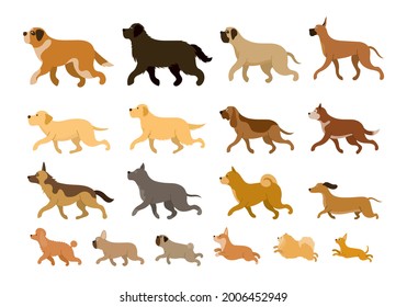 Various Dog Breeds Running Set, Large, Medium And Small Body Sizes, Side View