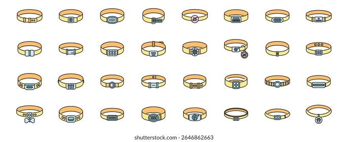 Various dog collars showcasing diverse buckles, id tags, and decorative elements, highlighting pet accessories for canine companions