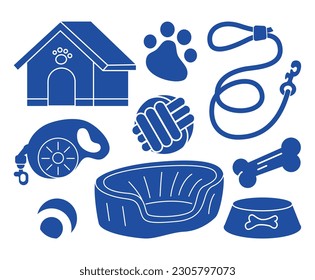 Various Dog Equipment silhouette. Food, toys, home, collar, leash, tag, bone. Pet shop or store concept. Hand drawn colorful icons. Trendy Vector illustration isolated on background