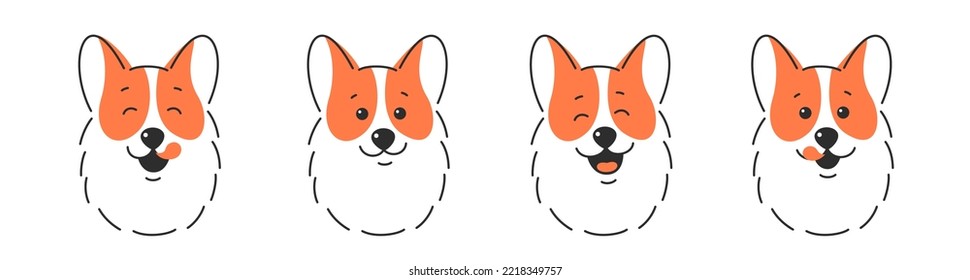 Various dog face. Happy dog face with tongue hanging out, tongue lick mouth. Vector illustration isolated on white background.