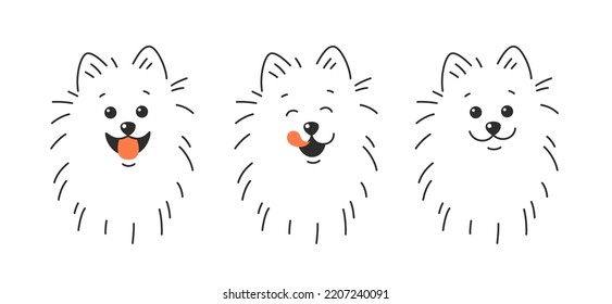 Various Dog Face. Dog Tongue Lick Mouth. Happy Dog Face With Tongue Hanging Out, With Open And Closed Mouth. Vector Illustration Isolated On White Background.