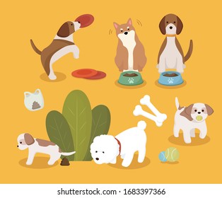 various dog and puppy icon illustration set. animal, puppy, adorable, pet. Vector drawing. Hand drawn style.