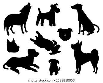 Various dog set - black and white silhouette illustration