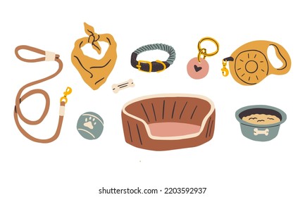 Various dog supplies and accessories. Vector hand drawn illustration. All elements are isolated on white background.