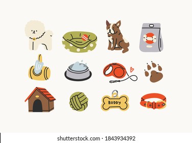 Various Dog Supplies and Equipment. Food, toys, home, collar. Pet shop or store concept. Hand drawn colorful icons. Trendy Vector illustration. All elements are isolated