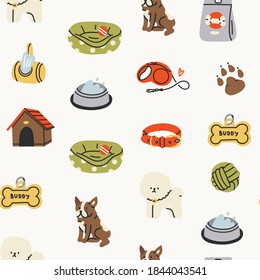 Various Dog Supplies and Equipment. Food, toys, home, collar. Pet shop or store concept. Hand drawn colorful Vector Seamless Pattern. Textile print