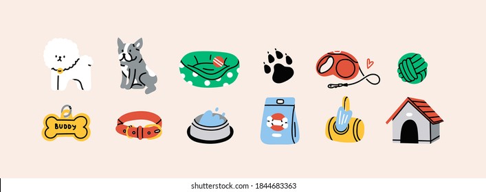 Various Dog Supplies   Equipment  Food  toys  home  collar  leash  tag  bone  Pet shop store concept  Hand drawn colorful icons  Trendy Vector illustration  All elements are isolated