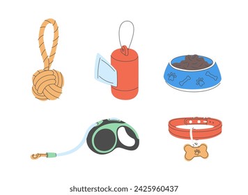 Various Dog Supplies and Equipment. Food, toys, home, collar, leash, tag, bone. Pet shop or store concept. Hand drawn colorful icons. Trendy Vector illustration. All elements are isolated