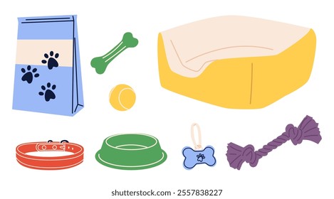 Various Dog Supplies and Equipment. Food, toys, home, collar, leash, tag, bone. Pet shop or store concept. Hand drawn colorful icons. Trendy Vector illustration. All elements are isolated