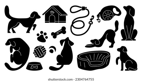 Various Dog Supplies and Equipment silhouette. Food, toys, home, collar, leash, tag, bone. Pet shop or store concept. Hand drawn colorful icons. Trendy Vector illustration isolated on background