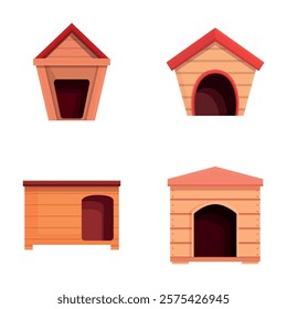 Various doghouse icons set cartoon vector. Small cute empty dog house. Wooden booth