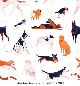 Various domestic doggy breeds seamless pattern. Different cute purebred dog posing, sitting, standing and playing isolated on white background. Adorable pet animal type vector flat illustration