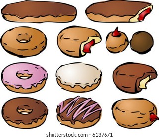 Various donut icons hand-drawn lineart look; mix and match colors and toppings to make your own donuts