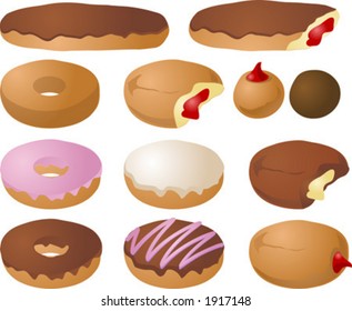 Various donut icons; mix and match colors and toppings to make your own donuts. Vector illustration