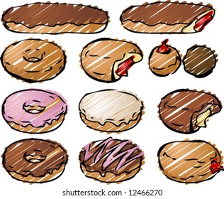 Various donut pastries rough sketchy illustration