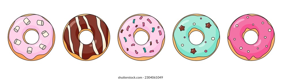 Various Donuts collection brown pink and mint colorful doughnuts collection. Cartoon flat vector illustration isolated on white background.