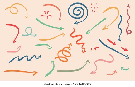 Various Doodle Arrows colorful with direction pointers Shapes and Objects. hand drawn vector illustration