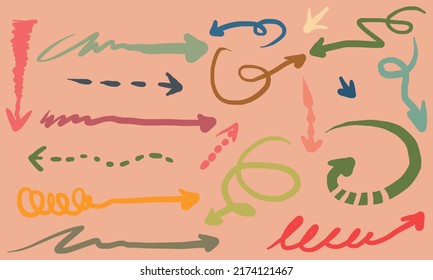 Various Doodle Arrows colorful with direction pointers Shapes and Objects. hand drawn vector illustration