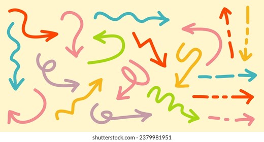Various Doodle Arrows colorful with direction pointers Shapes and Objects. hand drawn vector illustration