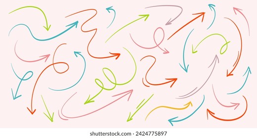 Varias flechas de garabato colorido con punteros de dirección Formas y objetos. ilustración vectorial dibujada a mano