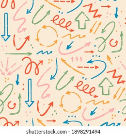 Various Doodle Arrows. Direction pointers. Different shapes. Straight, curly, twisted, dotted and round. Brush stroke style. Grunge texture. Hand drawn Vector Seamless Pattern. Square wallpaper
