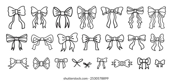 Verschiedene Doodle Bows Set. Bogen Knoten, Krawatten, Geschenkbänder, . Hand Bow Geschenkbogen, doodle Stil. Festliche Dekoration, Einladungselemente, Verpackung, Hochzeitsdesign. Vektorgrafik