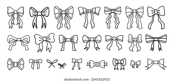 Vários rabiscos ajustados. Nós de arco, tie ups, fitas de presente, . Arcos de presente de mão arco, estilo doodle. Decoração festiva, elementos de convite, embalagem, design de casamento. Ilustração vetorial