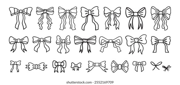 Various doodle bows Set. Bow knots, tie ups, gift ribbons, . Hand Bow Gift bows, doodle style. Festive decoration, invitation elements, packaging, wedding design. Vector illustration