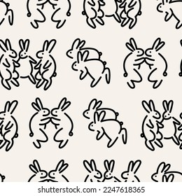 Various doodle Bunnies. Dancing, standing, fighting, running rabbits. Hand drawn Vector illustration. Cute simple cartoon creatures. Square seamless Pattern. Background, wallpaper